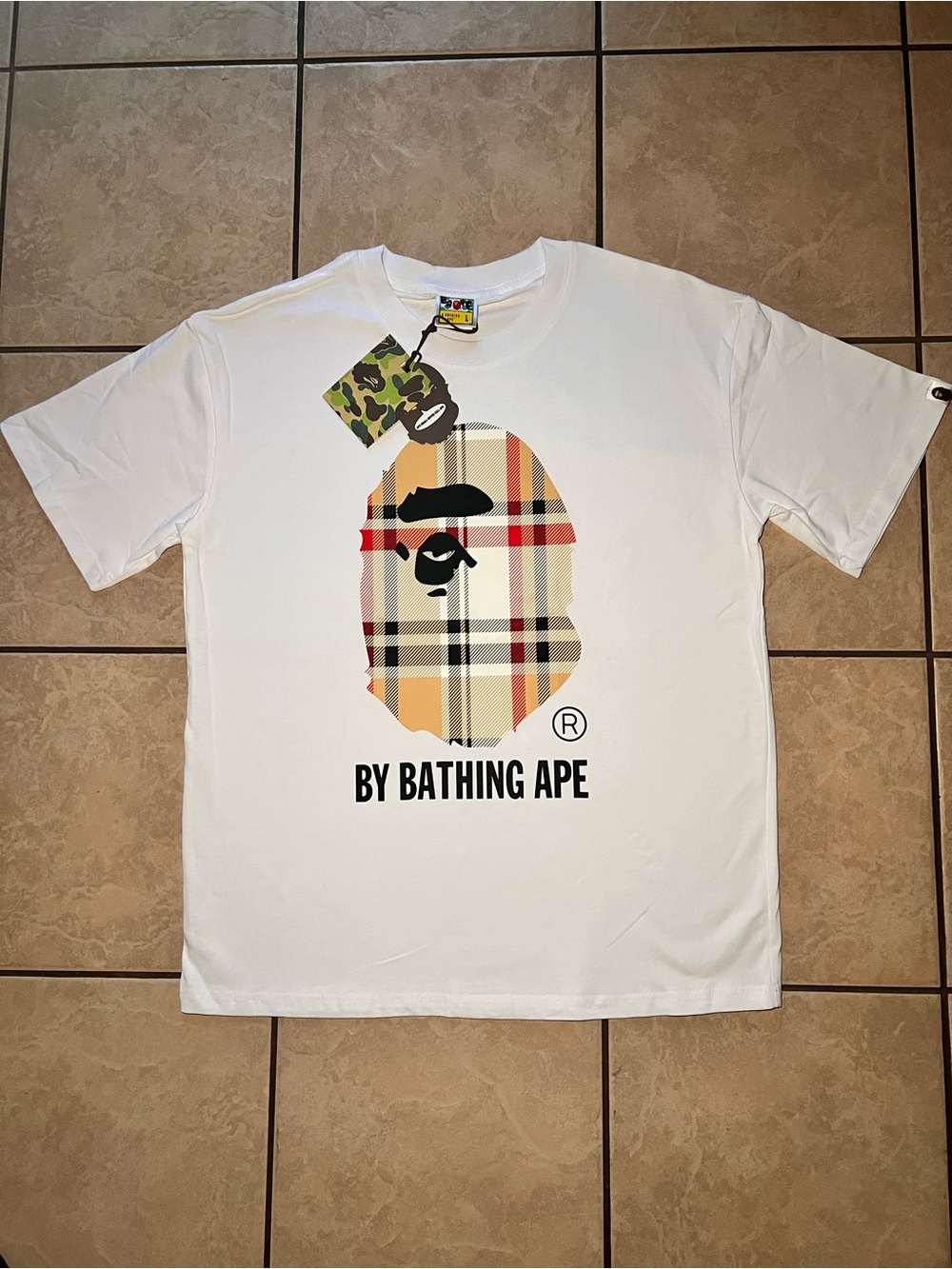 BAPE By Bathing Ape White Plaid Ape Head Logo Tee